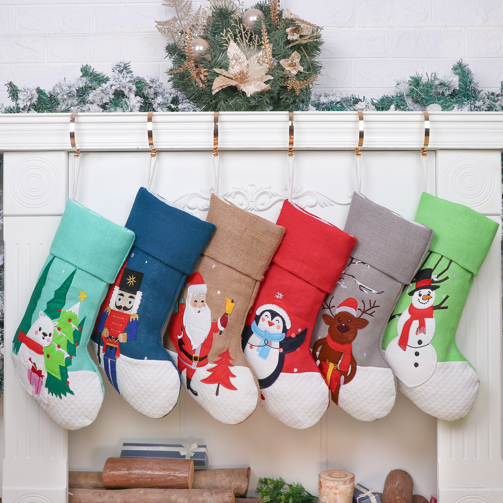 Linen Burlap Applique Christmas Stocking