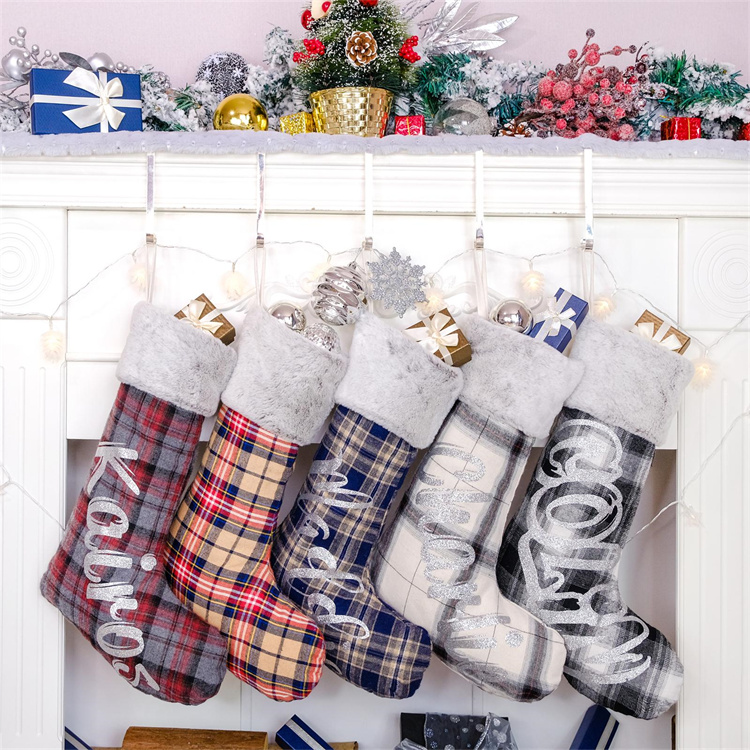 Glitter Name Plaid Christmas Stocking