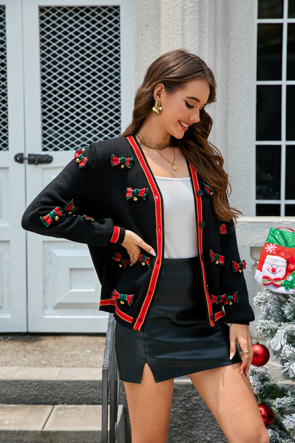 Women's Black Vintage Bell Cardigan Christmas Sweater - CDG05BB - Image 3